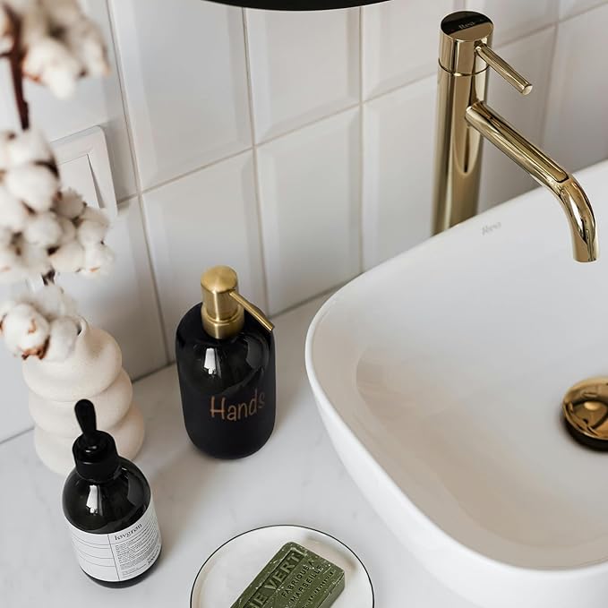 18oz Ceramic Soap Dispenser Set (2 Pack) with Stainless Steel Pump & Bamboo Tray, Bathroom & Kitchen