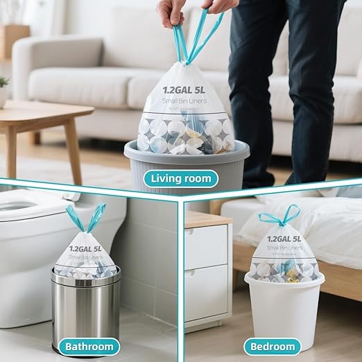 OKKEAI 1.2 Gallon Mini Trash Bags, Small Drawstring Bathroom Garbage Bags 5L – Leak-Proof Tear-Resistant Wastebasket Liners for Bathroom, Office 70 Count