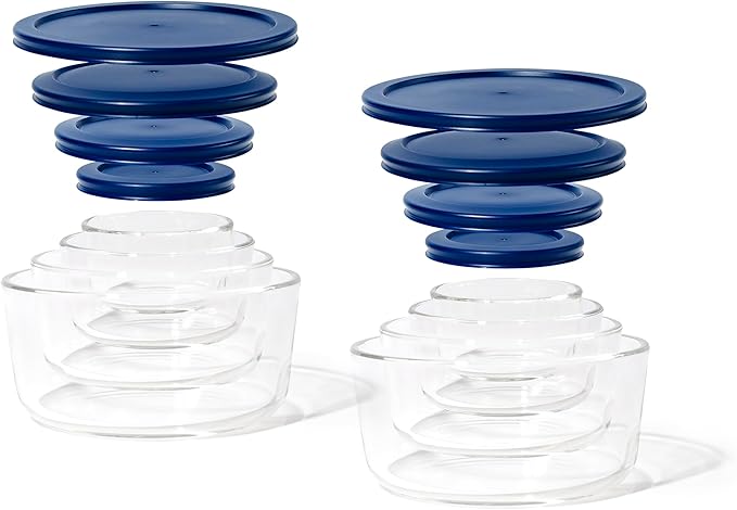 DURA LIVING 16-Piece Glass Food Storage Containers Set (8 Containers + 8 Lids) | Round, Nesting, Microwave & Dishwasher Safe | BPA-Free, Space-Saving | Blue Lids for Pantry & Kitchen Organization