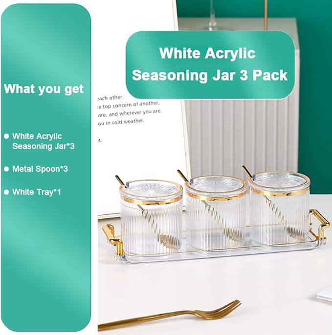 Acrylic Condiment Spice Jars and Box with Lids, Spoons, Tray - 3 Pack, Clear Plastic Canisters, Seasoning Box Set for Salt, Paprika, Sugar - Kitchen Storage