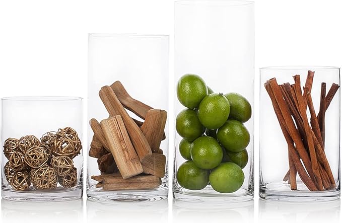 Enova Floral Set of 4 Clear Glass Cylinder Vase, 5W x 12H Inches Tall Clear Flower Vase, Pillar Candle Floating Candle Holders, Decorative Glass Vase for Wedding Centerpieces, Home Kitchen Decor