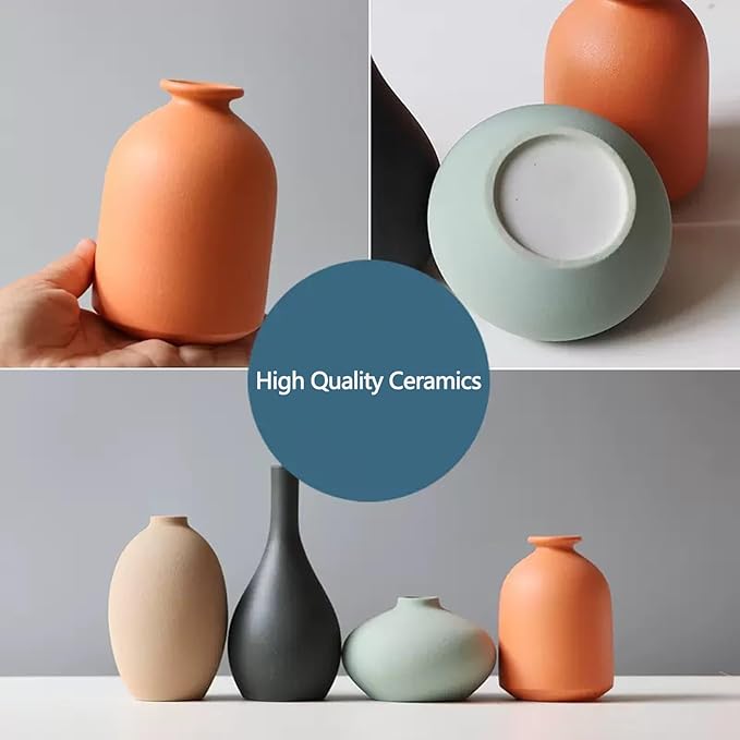 Set of 4 Small Matte Ceramic Vases - Modern & Bohemian Decor for Home, Office, Shelve, Living Room Table, Mantel, Bedroom, Entryway, Rustic Farmhouse Decorative Vases & More(Hademade