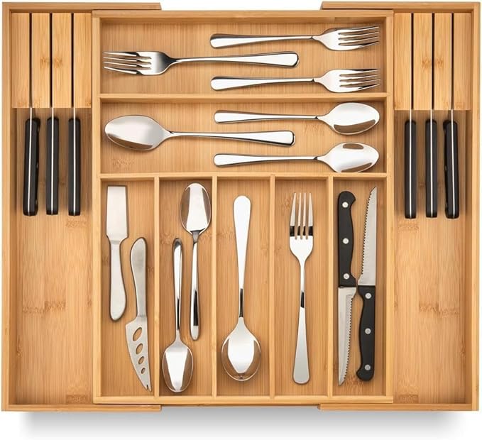 Bamboo Kitchen Drawer Organizer - Bamboo Expandable Drawer Organizer Utensil Holder & Cutlery Tray - Adjustable Wood Drawer Dividers Organizer for Silverware, Flatware, Knives (9 Slot)