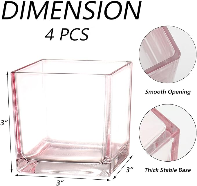 Square Flower Vases Set of 4, 3"x 3"x 3" Glass Vases for Centerpieces, Pink Vase for Flowers, Small Vase for Wedding, Party, Home Office Decoration