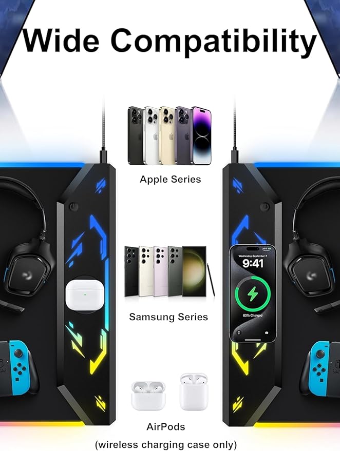 TopMade Wireless Charging Mouse Pad, RGB Gaming Mousepad, 35.4" x 15.8" Extra Large Waterproof Keyboard Desk Pad, Computer Desk Mat, Blue Nebula (Includes 20W PD Power Adapter & 6.56ft Woven Cable)