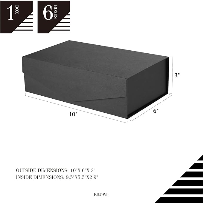 BLK&WH 6 Gift Boxes 9.5x5.5x2.9 Inches, Black Groomsman Collapsible Magnetic Gift Boxes with Lids (Matte Black)