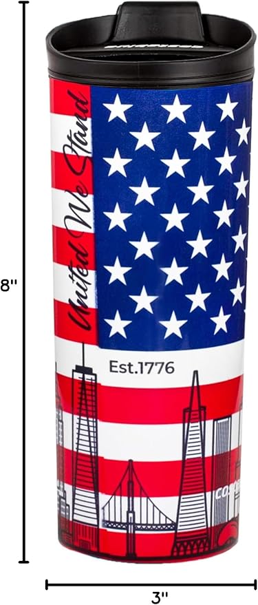 USA Vacuum Insulated Stainless Steel Thermal Travel Mug, 16 oz, Easy Clean, Flip leak Proof Lid United States of America Flag with USA Skylines…