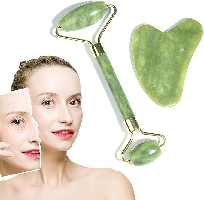 Jade Roller & Gua Sha Set,facial roller,Jade Roller Gua Sha Board Massage Tool Set,Facial Skin Care Roller Massager Muscle Relaxing Wrinkles Relief, Whole Body Relive Devices (green)