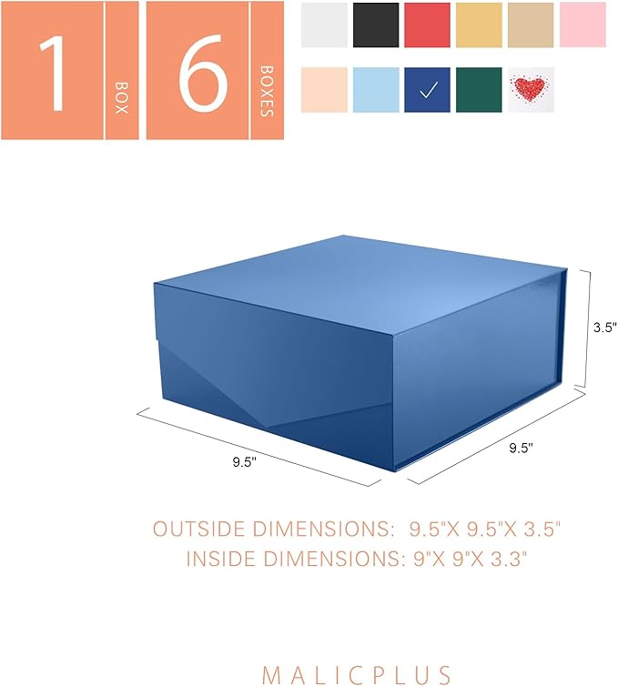 6 Gift Boxes with Lids 9x9x3.4 Inches, Navy Blue Groomsmen Proposal Boxes with Magnetic Closure for All Occasion (Glossy Navy Blue)