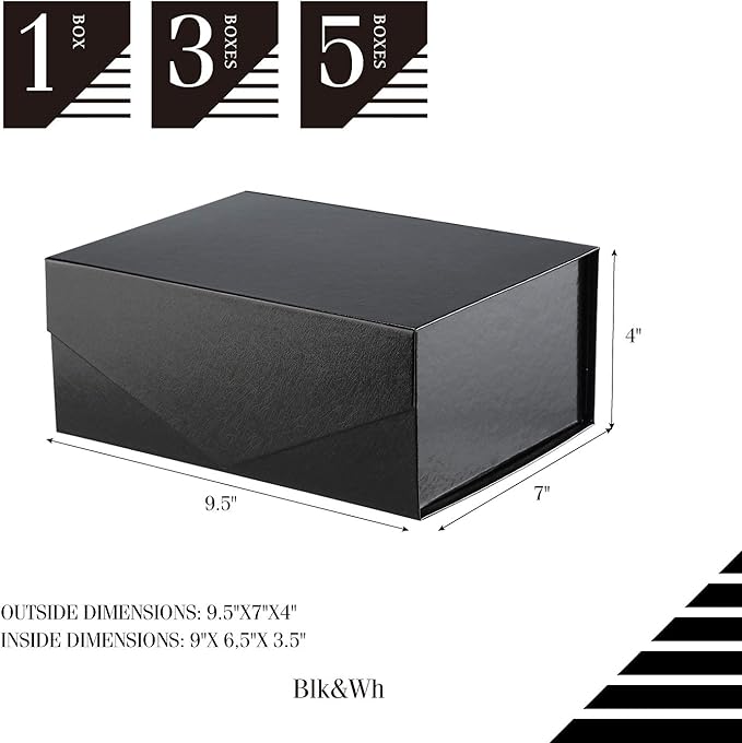 BLK&WH Gift Box 9x6.5x3.8 Inches, Black Gift Box, Groomsman Box, Collapsible Box with Magnetic Closure Lid for Gift Packaging (Glossy Black with Grass Texture)