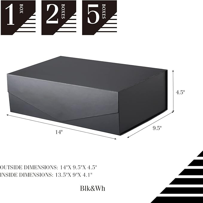 BLK&WH Large Gift Box 13.5x9x4.1 Inches, Black Collapsible Groomsman Gift Box with Magnetic Lid (Matte Black)