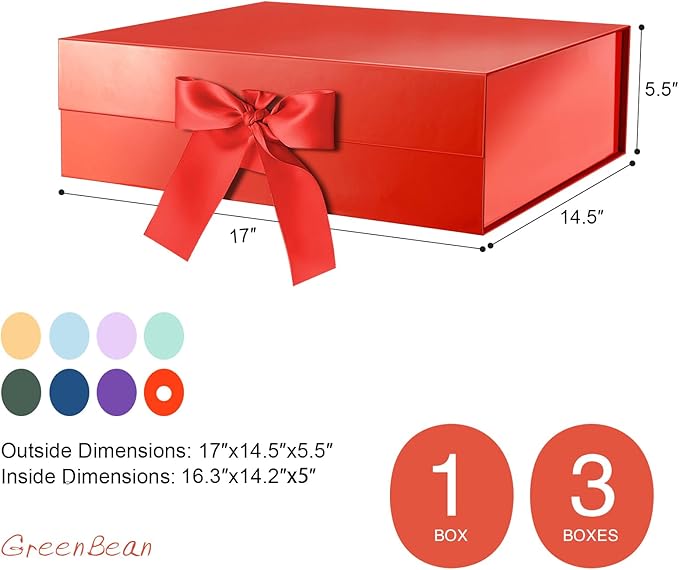 GREEN BEAN Extra Large Gift Box with Lid for Present 16.3x14.2x5 Inches, Red Magnetic Gift Box with Ribbon, Shirt Gift Boxes for Clothes (Glossy Red)
