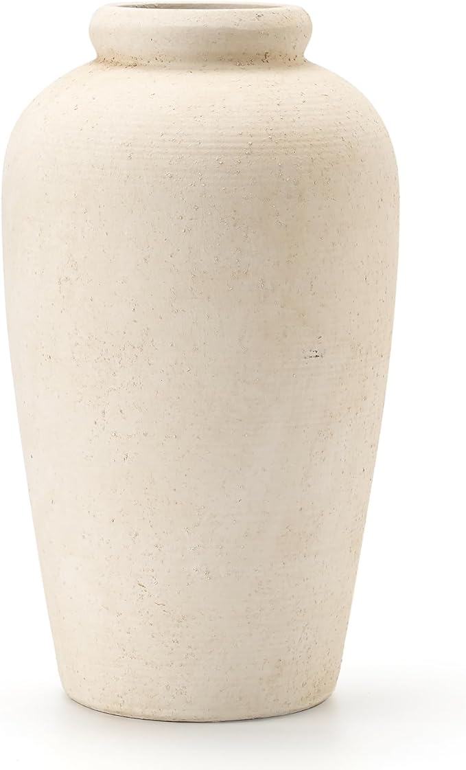 Large Ceramic Rustic Vase, 11 inch Minimalist Decorative Farmhouse Tall Vase for Home Decor, Living Room, Shelf Decor, Enterway, Wedding, Table Decoration, White