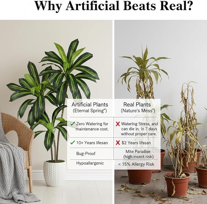 Artificial Dracaena Plant 4FT - Realistic Fake Dracaena Tree Tall Large Faux Silk Plants Fake Floor Potted Artificial Plants for Home Decor, Office Plants