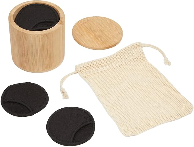 18 Pack Reusable Cotton Rounds for Makeup Removal with Bamboo Holder and Mesh Storage Bag (Black)
