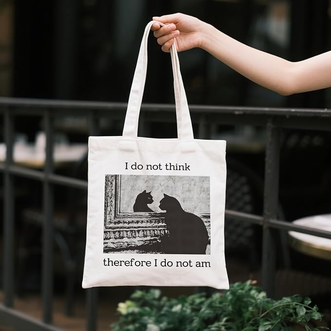 Funny Cat Canvas Tote Bag, I Do Not Think Therefore I Do Not am Reusable Shoulder Bags, Christmas Gifts to Sister and Friends, Casual Canvas Totes for Work Traveling