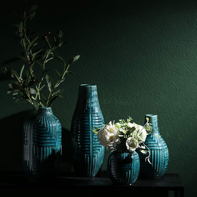 hjn Teal Ceramic Vase for Home Decor, Modern Decor Vases for Living Room/Bookshelf/Mantel/Accents - Teal texture-Medium-13.8" H