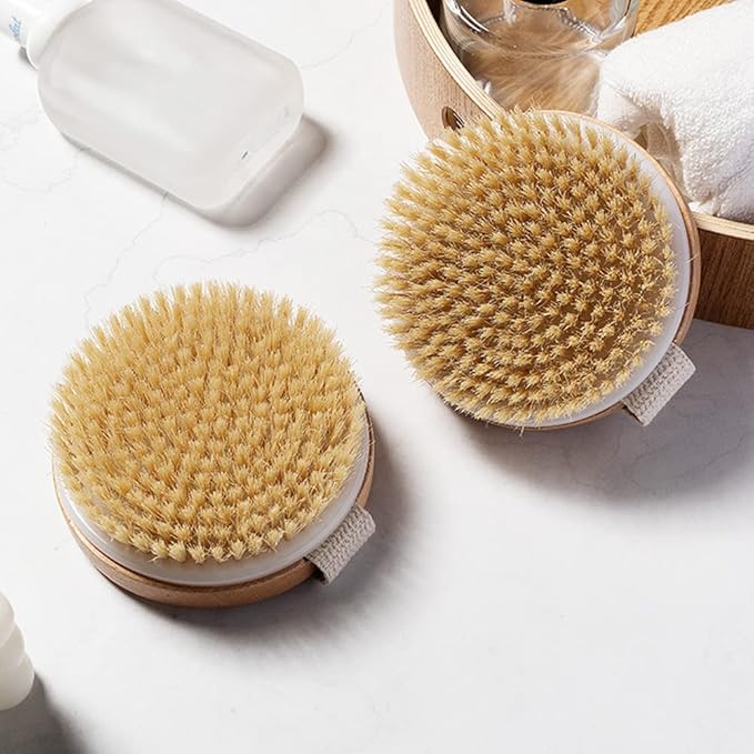 Round Wooden Natural Bristles Dry Bath Body Brush, Dia4.3” Handheld Shower Brush Back Scrubber for Exfoliating, Cellulite and Detox, etc.