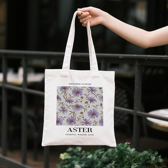 Flower Canvas Tote Bag, September Aster Reusable Shoulder Bags, Christmas Gifts to Sister and Friends, Holiday Gift Bags for Wrap Storage, Casual Canvas Totes for Work Traveling