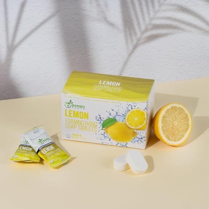 18 Pack Natural Foaming Hand Soap Tablets - Soft Moisturizing Handwash Tab Refills - 1 Tablet = 9 Oz Refillable Liquid Wash Foam Handsoap - Eco-Friendly Paper Softsoap Refill Tabs (Lemon)
