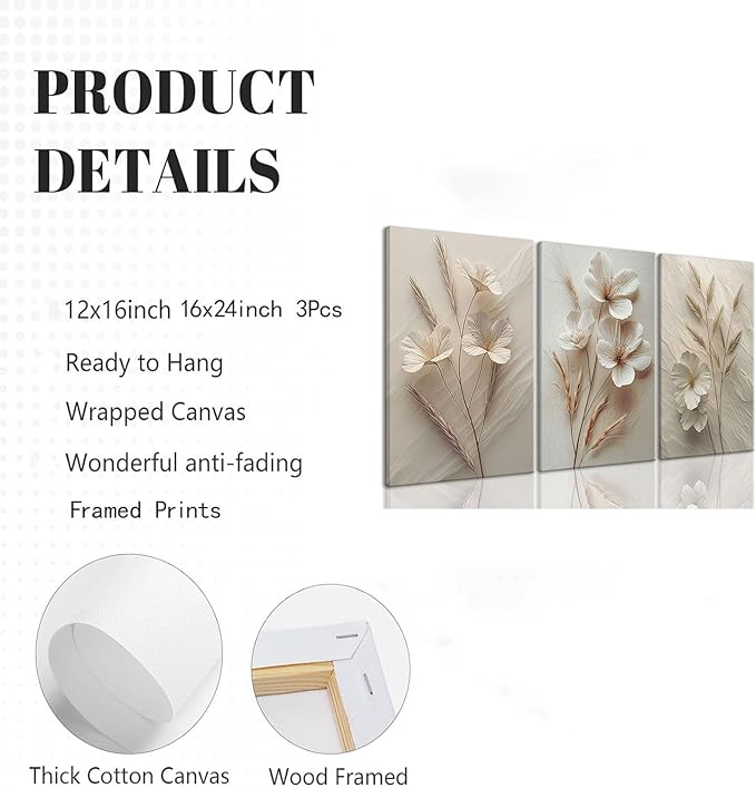 TUEASKY 3 Piece Neutral Floral Canvas Wall Art Beige Flower Wall Art Vintage Botanical Decor Modern Minimalist Prints for Bedroom Living Room Office Home Decoration 12x16in Framed
