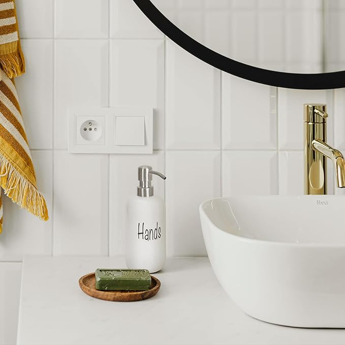 18oz Ceramic Soap Dispenser Set (2 Pack) with Stainless Steel Pump & Bamboo Tray, Bathroom & Kitchen