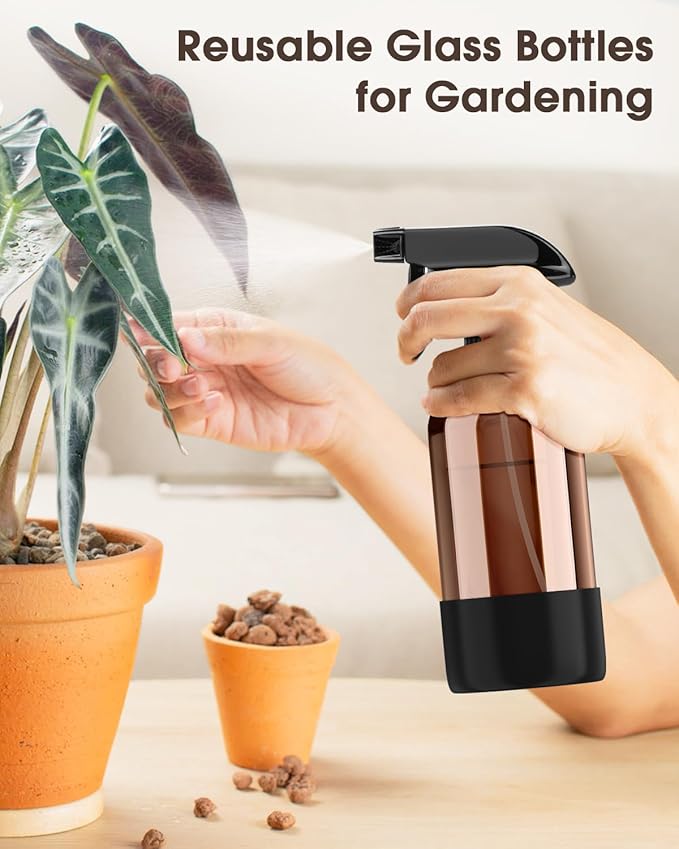 Glass Spray Bottle with Silicone Sleeve Protection, Amber Glass Spray Bottle Set for Window Cleaner Aromatherapy Facial Hydration Watering Flowers Hair Care 2 Pack/16 oz (Black & Blue, 16 oz)