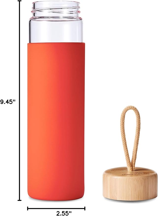 20 Oz Borosilicate Glass Water Bottles with Silicone Sleeve BPA Free, Dishwasher Safe - Reusable Clear Glass Drinking with Leak Proof Bamboo Lid | Perfect Gym Water Bottles for Men & Women