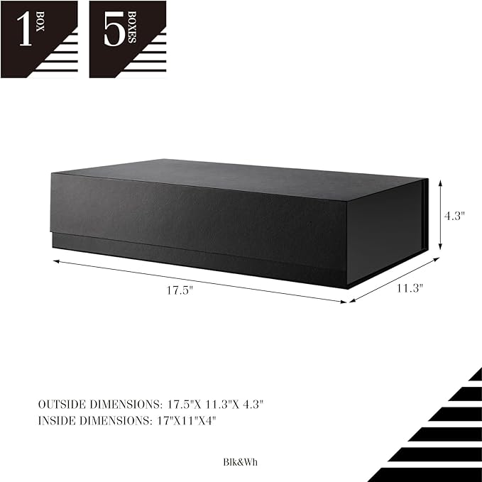 BLK&WH 5 Extra Large Gift Boxes 17x11x4 Inches, Black Gift Boxes with Magnetic Closure Lid, Sturdy Shirt Boxes, Rectangle Collapsible Boxes for Clothes (Glossy Black with Grass Texture)