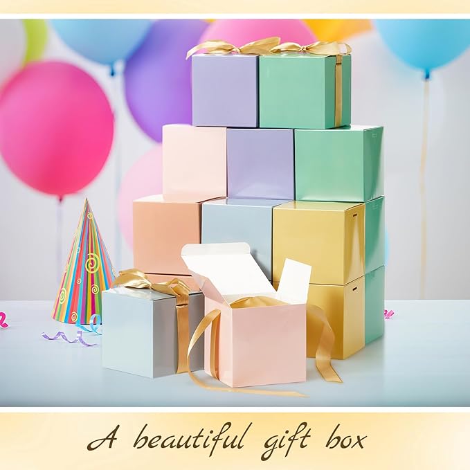 48 Pcs Christmas Gift Boxes with Ribbon Small Party Favor Boxes with Lids Mini Treat Candy Container for Wedding, Party, Birthday, Valentine's Day and More(Macaron,4 Inch)