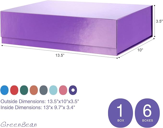 GREEN BEAN 6 Gift Boxes 13x9.7x3.4 Inches, Large Purple Gift Boxes with Lids for Presents, Magnetic Gift Boxes for Clothes, Shirt Gift Boxes (Glossy Metallic Purple, Dot Design Inside)