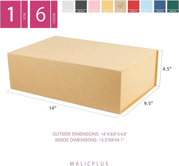 6 Large Gift Boxes with Lids 13.5x9x4.1 Inches, Kraft Groomsmen Proposal Gift Boxes with Magnetic Closure for All Occasion (Matte Kraft)