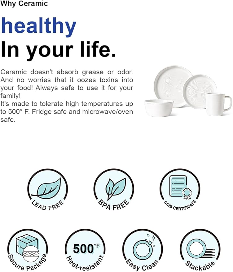 LE TAUCI Dishes Set with Mugs for 4, Stoneware Plates and Bowls Set, 10" Dinner & 8" Salad Plates, 6" Bowls, 18 oz Cups, Stackable, Microwave & Dishwasher Safe Ceramic Dinnerware, 16-Piece, White