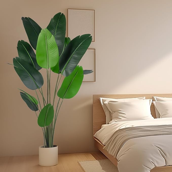Artificial Bird of Paradise Tree for Home Decor, Fake Plants Areca Palm Tree Fake Silk Banana Leaf Tropical Trees Faux Tropical Palm Potted Dypsis Lutescens for Home Office Decor Housewarming