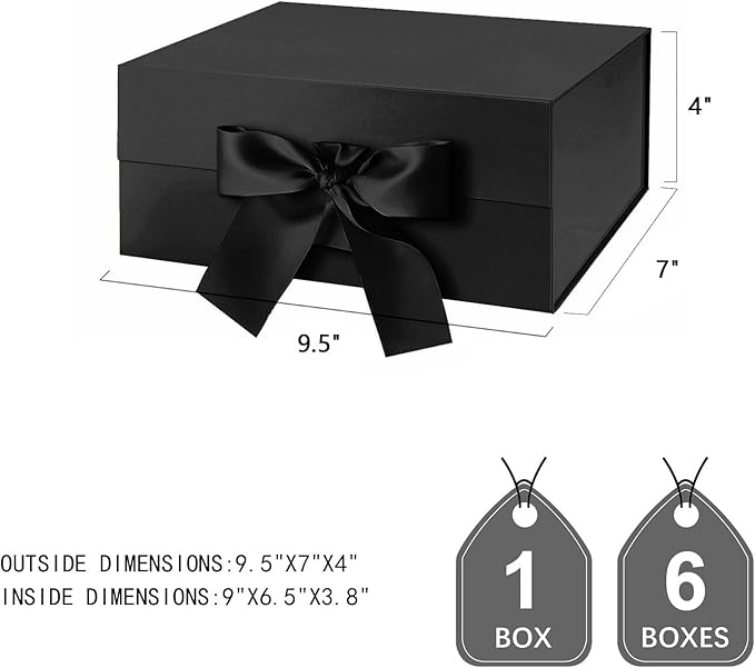 JINMING 6 Gift Boxes with Ribbon 9x6.5x3.8 Inches, Black Boxes for Gifts, Groomsmen Proposal Boxes for Mother's Day, Father's Day, Collapsible with Magnetic Closure