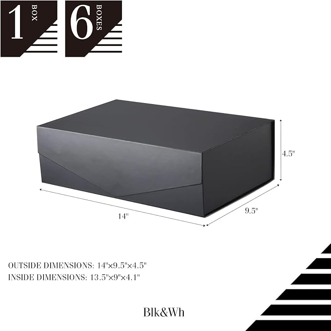 BLK&WH 6 Large Gift Boxes 13.5x9x4.1 Inches, Black Collapsible Groomsman Gift Boxes with Magnetic Lids (Matte Black)