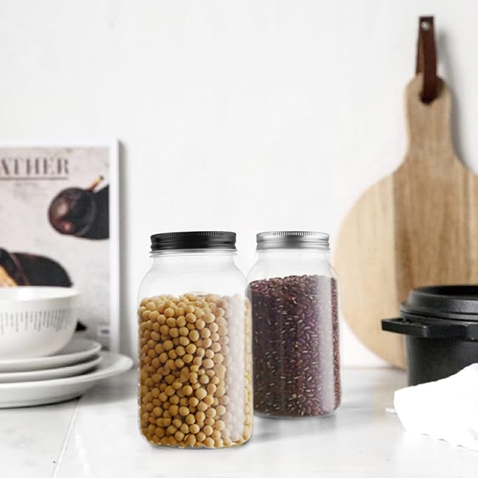 novelinks 32 oz Plastic Food Storage Jars with Metal Lids – 6 Pack BPA-Free Clear Airtight Containers for Pantry, Spices, Snacks, Kitchen & Bathroom Organization – Leak-Proof Reusable Jars (Black)