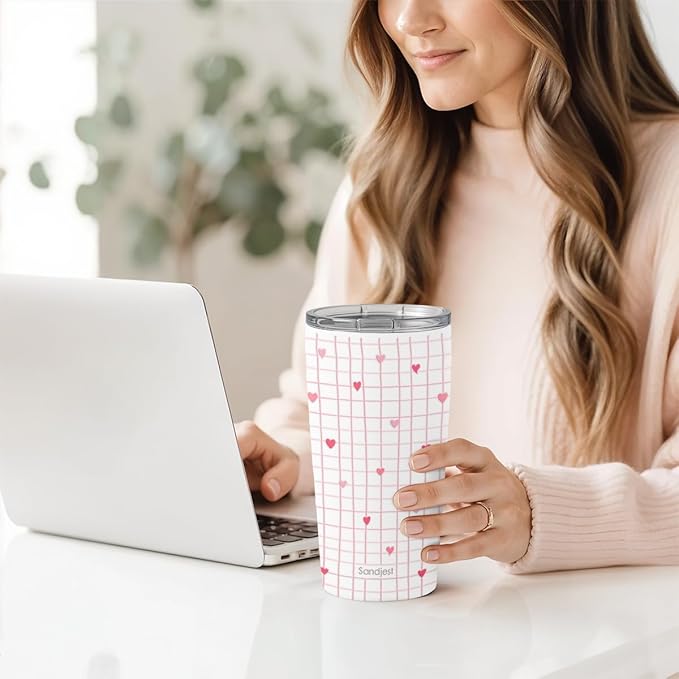 SANDJEST Heart Tumbler 20oz, Stainless Steel Travel Cup with Lid, Insulated Coffee Mug, Heart Gifts for Women Girls Friends Sisters on Birthday Christmas Valentine (Red)