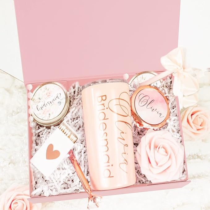 Aimyoo Pink Collapsible Gift Box with Magnetic Closure Lids 10.5x7x3 in, Bridesmaid Groomsman Proposal Boxes, Rectangle Storage Box 3 Pack