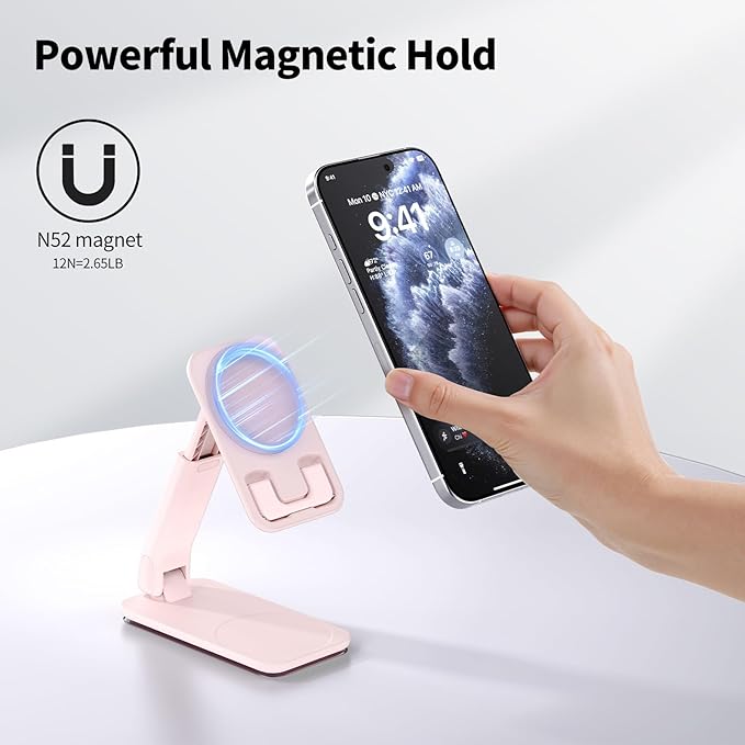 iWALK Magnetic Cell Phone Stand for Desk, Angle and Height Adjustable Mobile Phone Holder, Foldable Magnet Stand for iPhone 17 16 15 14 13 12 Pro Max and iPad, Cell Phone Holder for Samsung, Pink