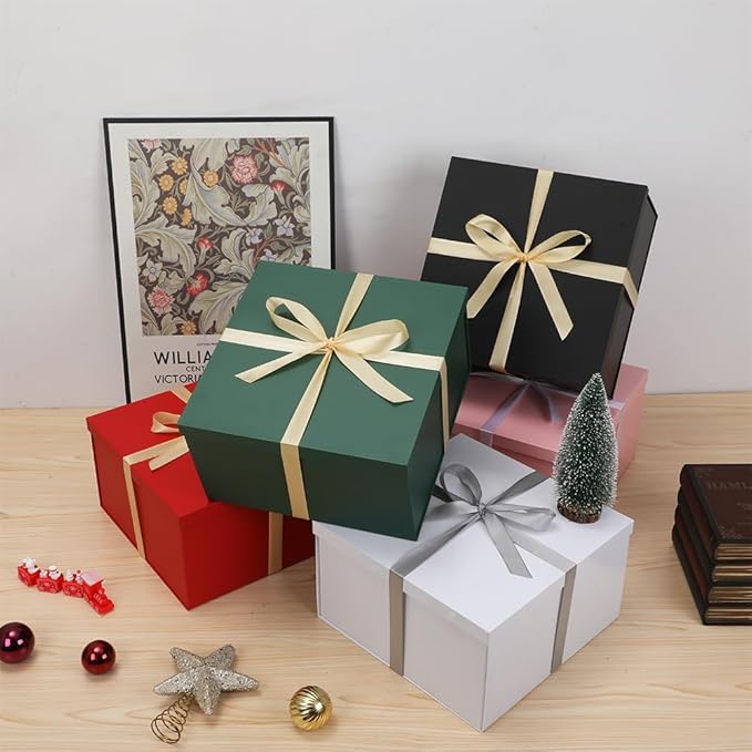 UoeRing 1Pcs Black Extra Large gift box with lids 13×13×7 Inches gift boxes for presents,Birthday Box (include Ribbon, Paper Shred Filler Gift Card & Envelopes)