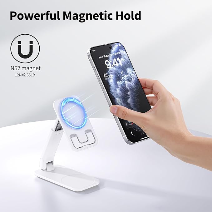 iWALK Magnetic Cell Phone Stand for Desk, Angle and Height Adjustable Mobile Phone Holder, Foldable Magnet Stand for iPhone 17 16 15 14 13 12 Pro Max and iPad, Cell Phone Holder for Samsung, White
