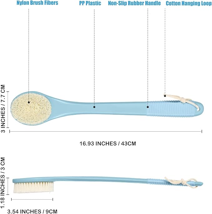 17-Inch Back Scrubber for Shower, Anti-Slip Exfoliating Body Brush for Bath, Gentle Back Brush for Shower for Men, and Women, Cleaning Skin for Smooth, Glowing Skin (Light Blue)