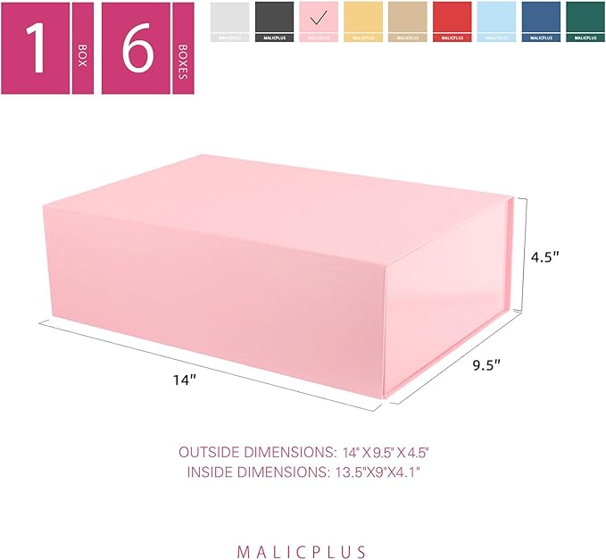 6 Large Gift Boxes with Lids 13.5x9x4.1 Inches, Pink Bridesmaid Proposal Gift Boxes with Magnetic Closure for All Occasion (Glossy Pink)