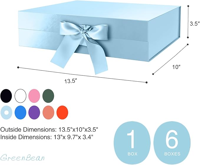 GREEN BEAN Luxury Gift Boxes with Lids - 6 Large Baby Blue Magnetic Boxes with Ribbon, Perfect for Bridesmaid Proposals or Any Occasion - 13x9.7x3.4 Inches