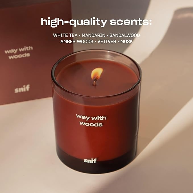 Way with Woods Luxury Scented Candle by Snif, Inviting, Crisp Scent, 50+ Hours, 100% Cotton Fiber Wicks, Soy Wax Blend, Non-Toxic, Vegan, 8.5 oz