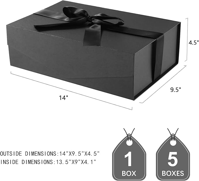 JINMING Large Gift Box with Ribbon 13.5x9x4.1 Inches, Black Box for Gifts, Groomsman Proposal Box for Mother's Day, Father's Day, Collapsible with Magnetic Closure