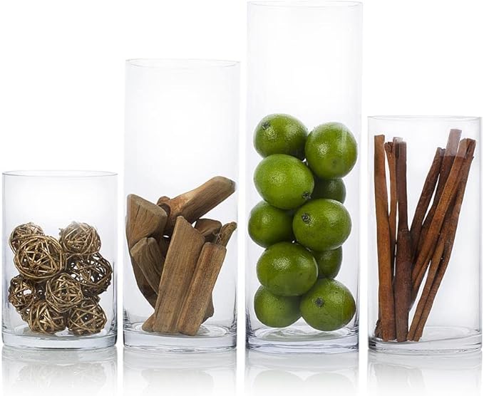 Enova Floral Clear Glass Flower Vase, 4W x 10H Inches Round Flower Vase, Pillar Candle Floating Candle Holders, Tall Cylinder Glass Vase for Flowers, Glass Vase for Home Decor, Wedding (Pack 4)