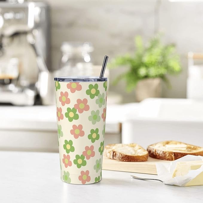 Flowers Tumbler,Daisy flower 20oz Stainless Steel Insulated Travel Tumblers,Travel Coffee Mug with Lid and Straw Water Bottle Drink Tumbler Cups Gifts for Women Men Lovers