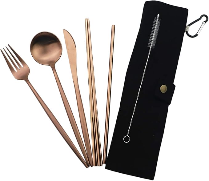 Gugrida Luxury Rose Gold Matte Portable 18/10 Stainless Steel Travel Flatware Sets of 7 Portable Camping Cutlery Set, Healthy & Eco-Friendly Flatware Set with Carrying Case for Travel or Camping